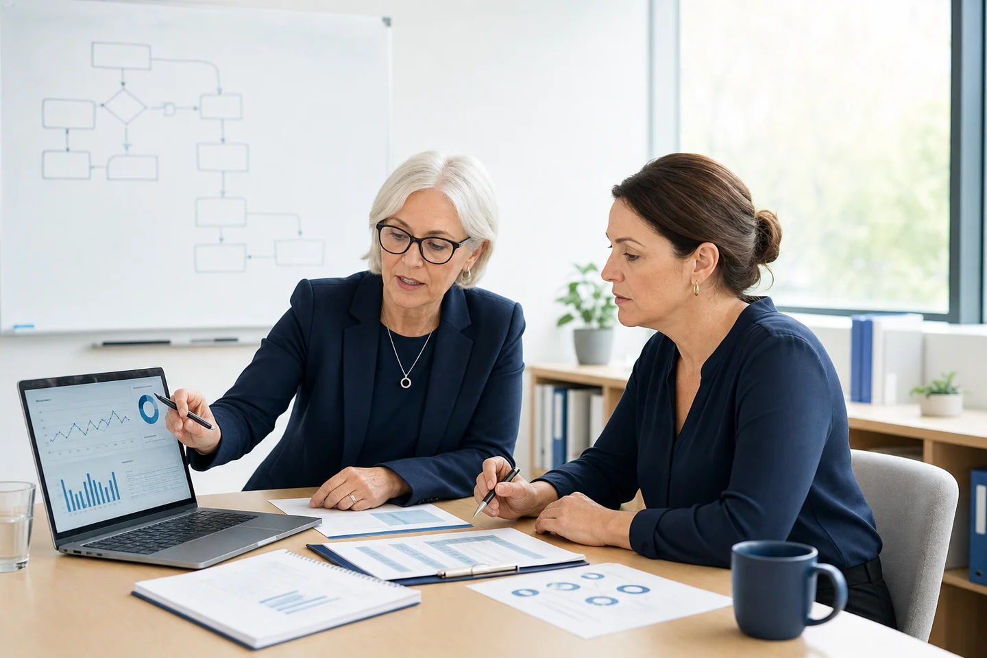 A VitalStart clinical adviser reviewing governance evidence with a care provider manager